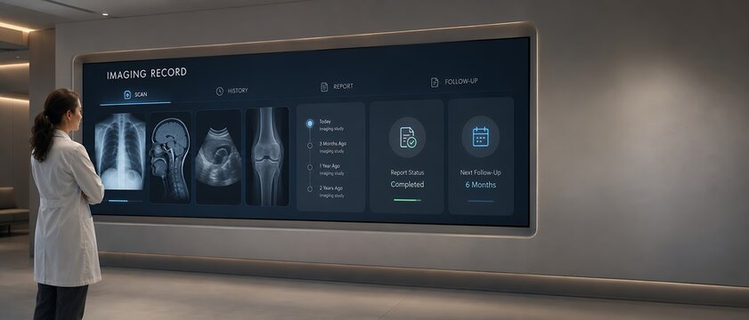 Electronic health record system with radiology history and patient scan results displayed on interactive diagnostic wall display