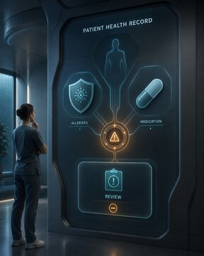 Healthcare worker inspecting an electronic health record system display showing dark-themed cybersecurity protection and prescription safety.