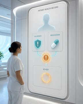 Medical staff member checking an electronic health record system interface featuring bright diagnostic icons and allergy tracking workflow.