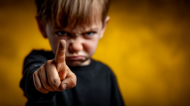 Little boy pointing finger directly at camera with stern grumpy expression pointing attitude
