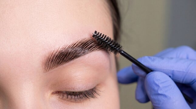 Beautician using brush to style woman eyebrow. Professional brow lamination procedure in salon. Cosmetology treatment for facial hair enhancement. Modern aesthetic beauty service concept.