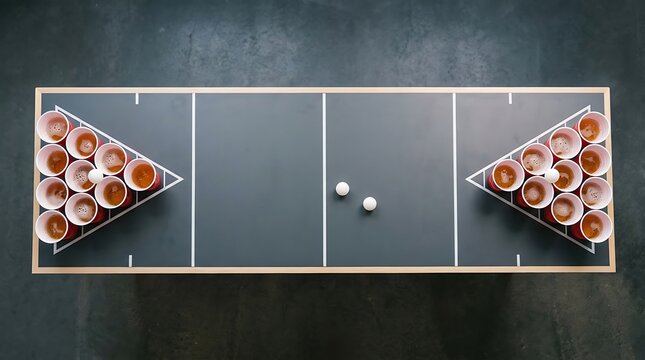 Beer pong game setup with plastic cups and ping pong balls on a table. bierpong