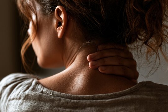 Close-up back view of neck with hand massage for tension relief in soft morning light and linen interior
