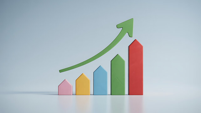 A colorful bar chart with an upward trending arrow shows business growth against a light.