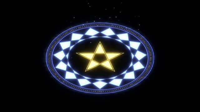 Blue Violet and Gold Pentagram Magic Circle Igniting With Runic Chant Sweep on Black Background 4K UHD Luma Key Overlay for VFX Compositing