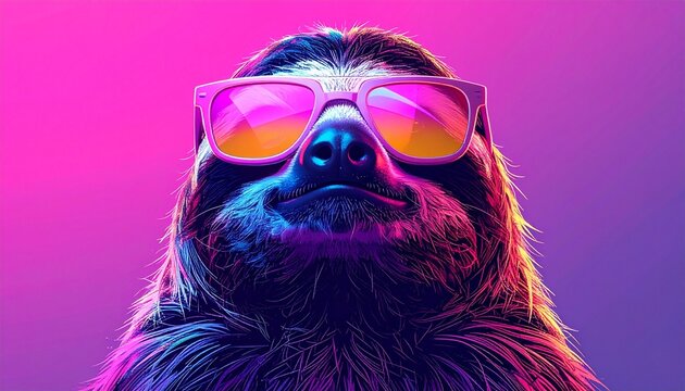Cool Sloth with Sunglasses in Neon Lights Portrait.