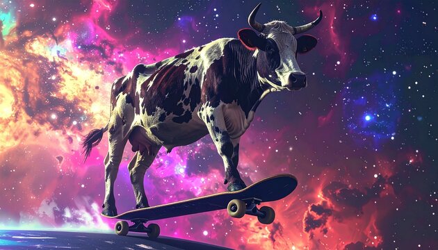 Cosmic Cow on Skateboard - A Surreal Journey Through the Galaxy.