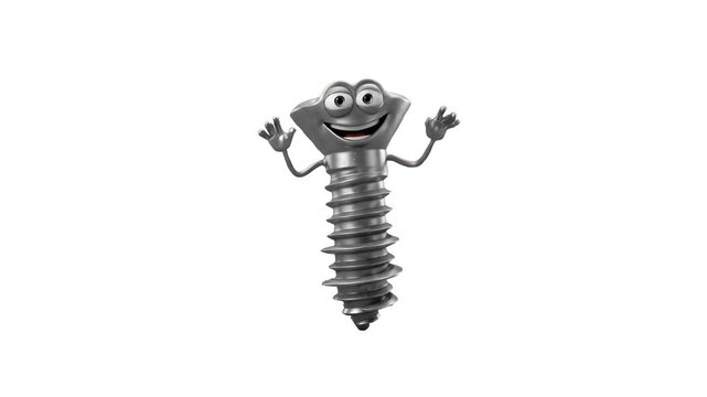 A detailed 3D model of a metallic threaded screw designed as a cheerful animated character waving its hands happily, set against a solid white studio backdrop. Designed for industrial repair promos, t