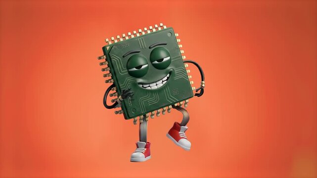 A cheeky 3D microcomputer processor mascot wearing sneakers dances with a smirk against a warm orange backdrop. Perfect for tech explainer videos, hardware promotions, and fun computer science content