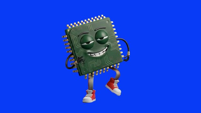 A cool 3D cartoon microchip mascot wearing red sneakers and dancing playfully against a solid blue backdrop. Great for tech channels, computer hardware explanations, electronics education, and IT mark