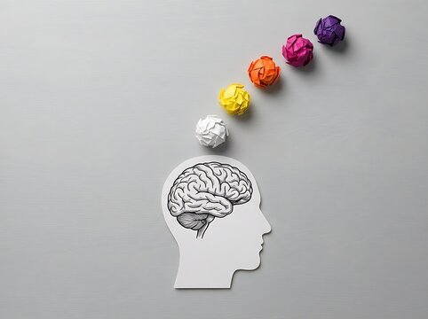 Creative thought process illustration with paper cutout head and colorful crumpled paper balls
