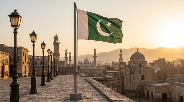 National flag of Pakistan waving on a flagpole at sunset over an ancient city with street lamps