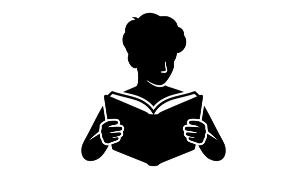 Young person studying with open book chest up black silhouette illustration