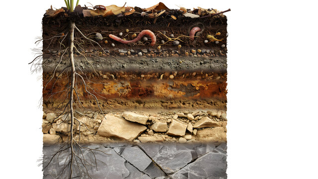 Detailed cross section of soil showing various geological layers with plant roots and small insects on a white isolated background