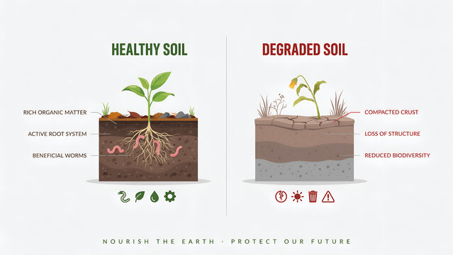 Comparison diagram showing healthy fertile soil versus dry degraded earth with wilting plants in a professional educational flat vector style