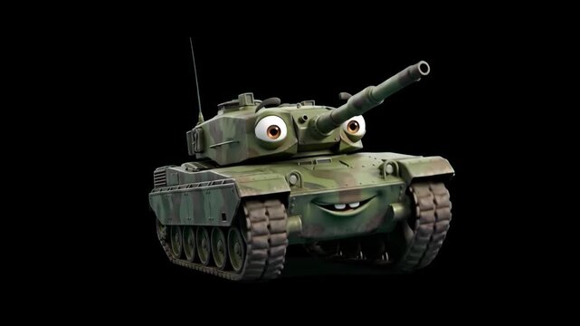 A detailed 3D animated Leopard 2 main battle tank character with eyes and a smiling face, driving against a sleek black studio background. Ideal for high-contrast military game visuals, animated serie