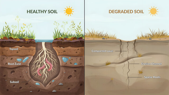 Educational infographic comparing healthy fertile soil structure with degraded compacted earth showing plant roots and cross section layers in detail