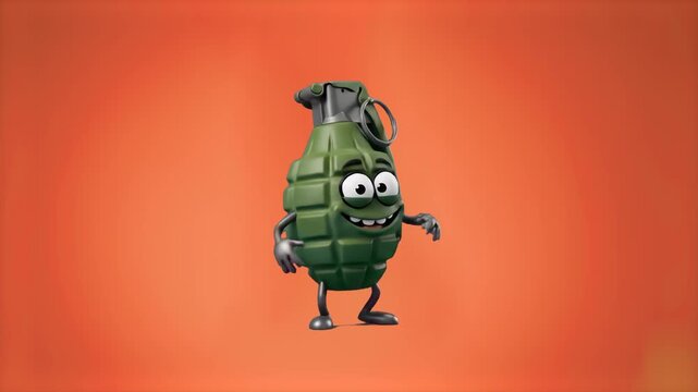A cute 3D animated hand grenade character standing with a happy expression against a warm orange studio backdrop. Perfect for video game character designs, military comedy visual assets, motion graphi
