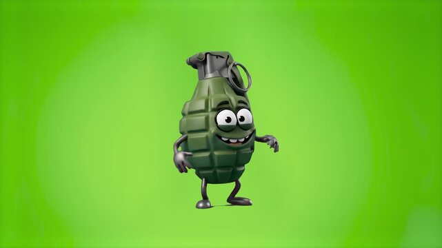 A cheerful 3D animated hand grenade character standing on a solid chroma key green screen background. Ideal for gaming assets, keyable video overlays, military animations, comic visual effects, and ac