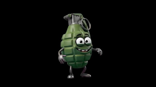 An animated 3D hand grenade mascot stepping and dancing happily against a solid black backdrop. Designed for gaming channel graphics, action animation projects, and comedic visual content.