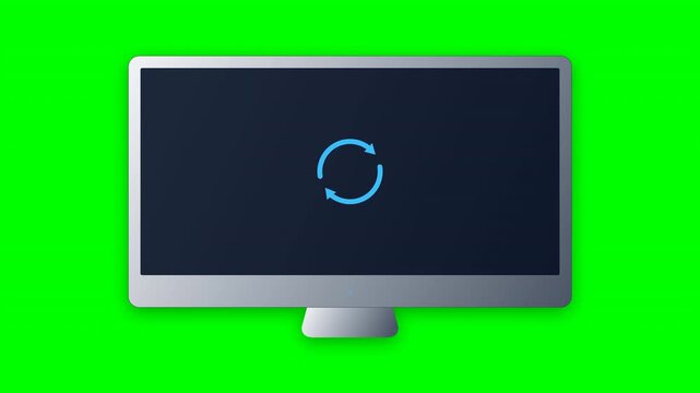 Computer monitor showing blue loading icon spinning on chroma key green for technical support marketing