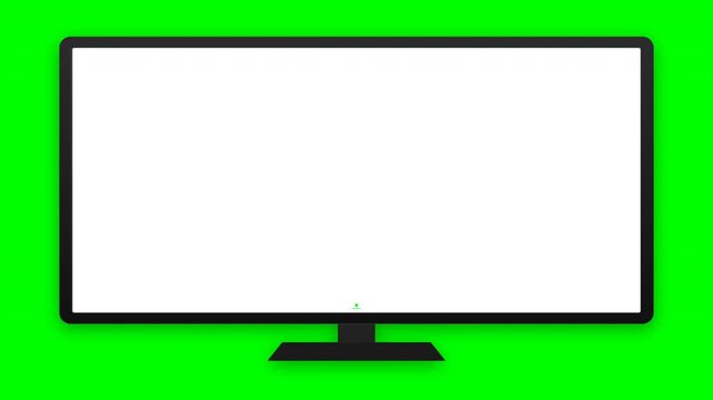 Widescreen lcd monitor with blank white display centered on chroma key green background for commercial media production