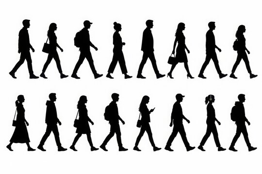Silhouettes of diverse people walking in a row, group of men and women with backpacks and bags isolated on a white background, for use