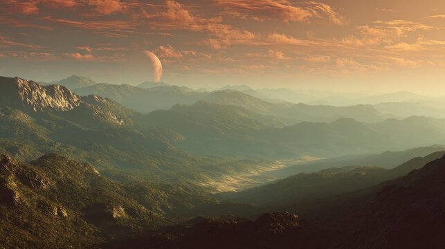 Vast alien mountain landscape with large moon in hazy sky