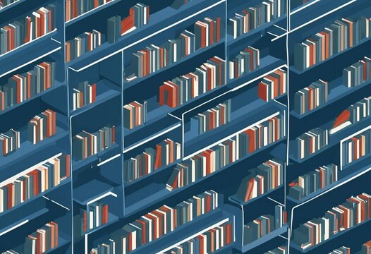 Isometric Stacked Bookshelf Library Design with Colorful Book Covers