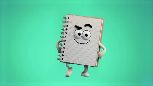 A cute 3D spiral notepad character performs a cheerful dance routine against a solid green background. Great for school supply commercials, educational software interfaces, and animated music overlays