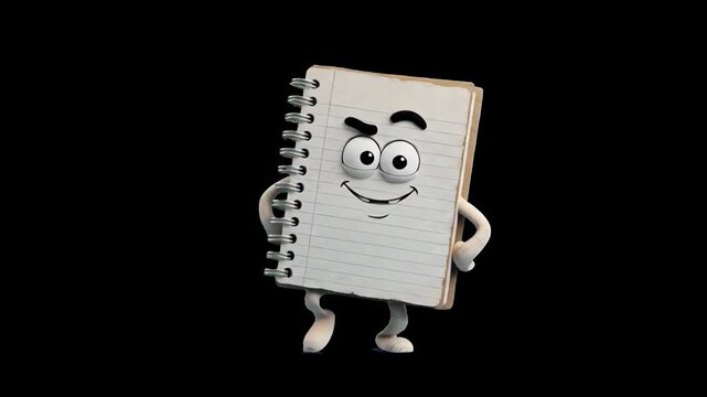 A friendly 3D cartoon mascot shaped like a spiral notebook dancing joyfully against a solid black backdrop. Ideal for educational animations, creative presentation graphics, and school-themed digital 