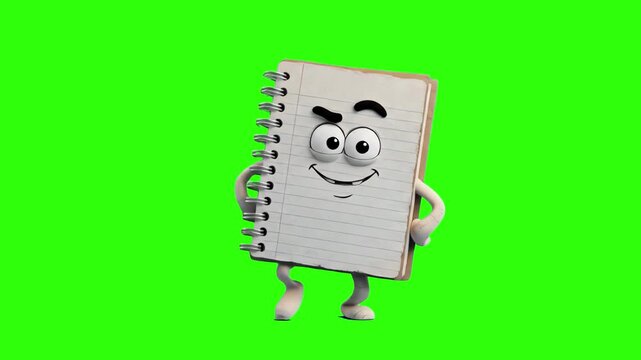 A cheerful 3D cartoon mascot shaped like a spiral notebook dancing playfully on a chroma key green screen background. Perfect for educational videos, school promotions, back-to-school content, and vid