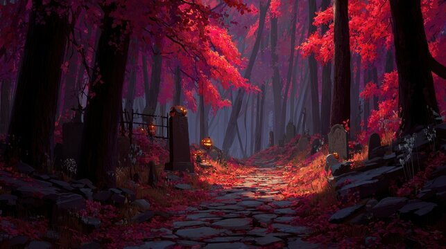 Cemetery path winds through a dark and eerie forest filled with deep red autumn leaves, old stone grave markers, and glowing carved pumpkins resting in the shadows of tall trees.