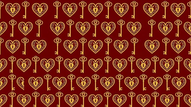Elegant golden heart locks and keys seamless pattern on red background
