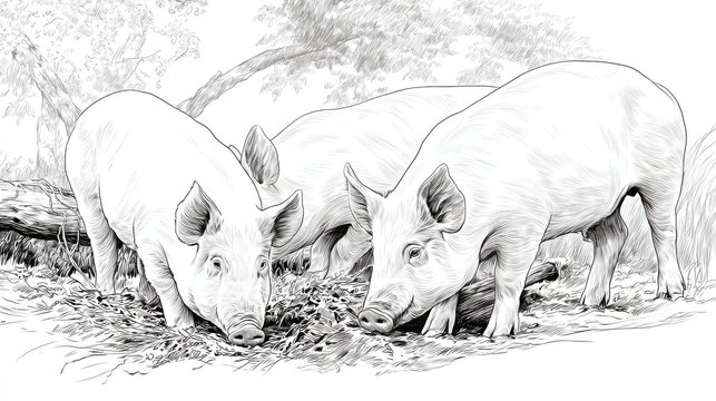 Realistic line drawing of three pigs for artistic and educational use