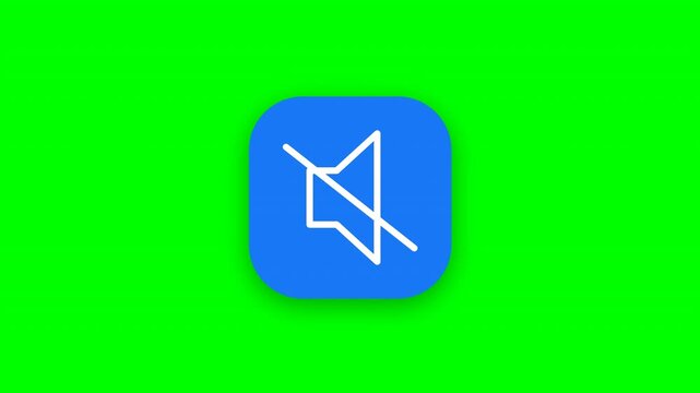Muted speaker icon stays centered on a vibrant chroma key green background in a clean minimalist interface style featuring a blue rounded square button for digital communication marketing