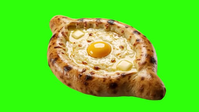 A detailed 3D rendering of traditional Adjaruli Khachapuri, the classic Georgian boat-shaped bread filled with melted cheese, butter, and an egg yolk, isolated on a bright chroma key green background.