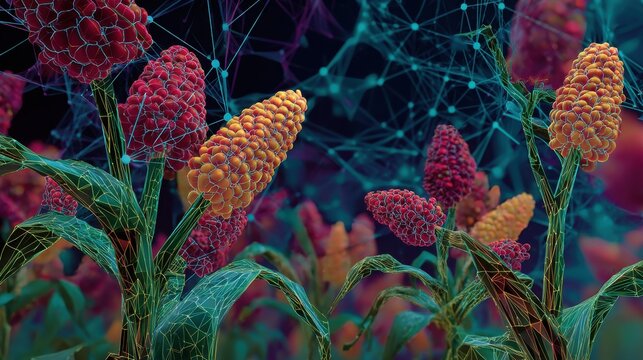 Corn plants feature genetically modified kernels illuminated by a digital network grid that symbolizes modern agricultural biotechnology and the integration of data science into crop development.