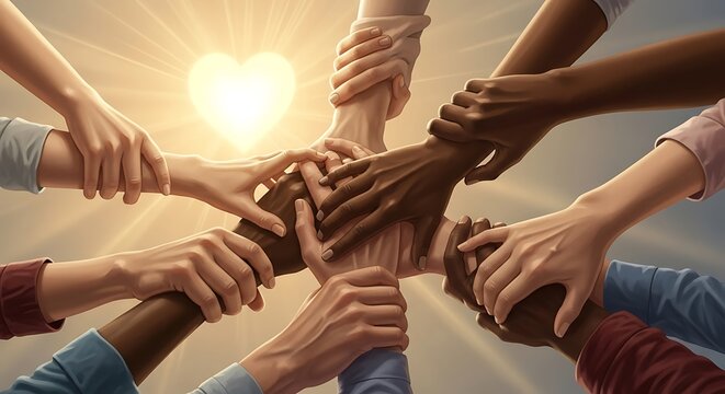Diverse group of people holding hands together in a circle with a glowing heart symbol.