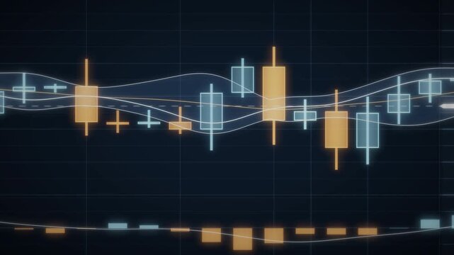 Close up candlestick chart with moving average bands and slow zoom pan across market data seamless loop in subtle blue tones