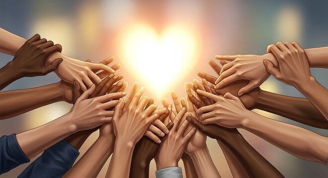Diverse group of people joining hands together forming a heart shape symbol of unity.