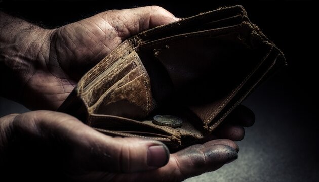 Empty wallet in worn hands, close-up macro, financial crisis concept.
