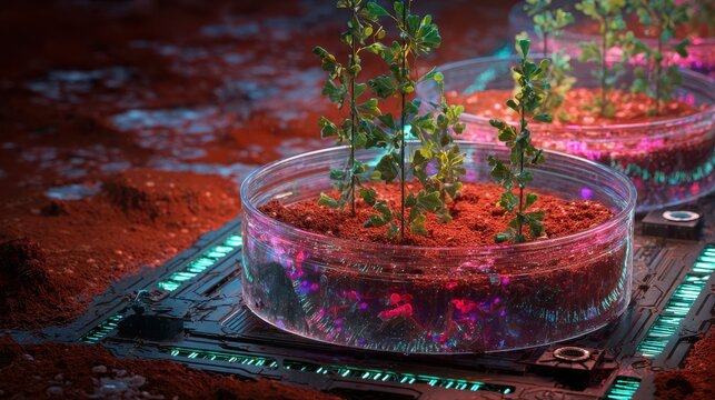 Small green plants growing inside circular glass containers are arranged on a metallic platform set against a red dusty landscape, representing an experimental agricultural project on a distant.