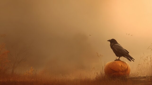 Raven perches atop a carved pumpkin sitting in a desolate field shrouded by a thick golden morning mist that obscures the horizon and creates a somber mood for the upcoming autumn festivities.