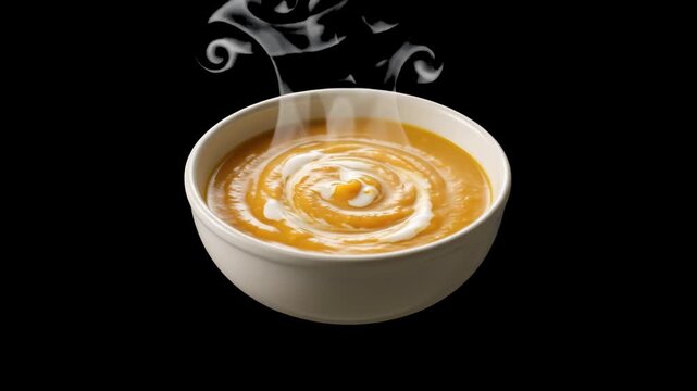 A dramatic view of a steaming bowl of hot pumpkin cream soup with a decorative cream swirl, isolated against a solid black backdrop to highlight the rising heat vapor. Perfect for dynamic food video c