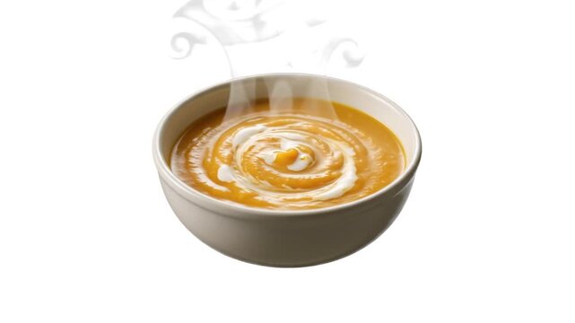 A warm bowl of creamy pumpkin or squash soup topped with a sour cream swirl, featuring realistic rising steam effects, isolated against a solid white background. Ideal for autumn food marketing and wi