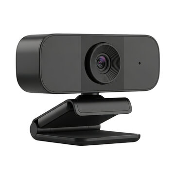 Modern black web camera for computer video conferencing isolated on white isolated on transparent background