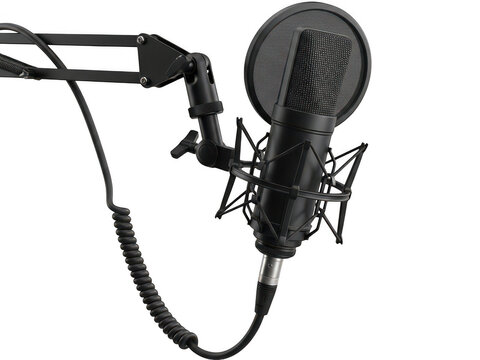 Professional black condenser microphone with pop filter on a boom arm stand isolated on transparent background