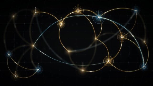 Global currency flow network with glowing value streams arcing between financial hubs seamless loop in subtle navy tones