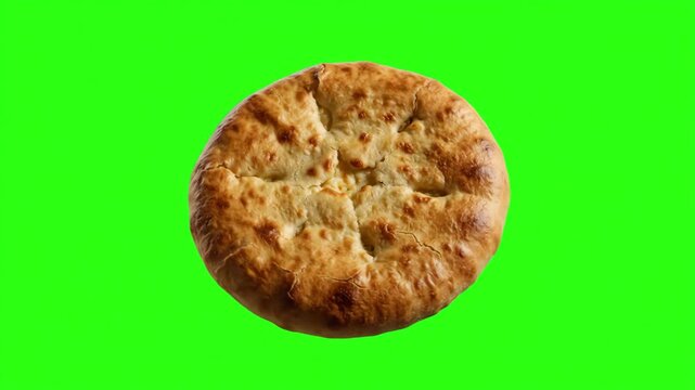 A detailed 3D model of a golden baked Georgian khachapuri cheese bread pie isolated on a chroma key green background. Excellent for culinary promo videos, restaurant menu graphics, food delivery adver